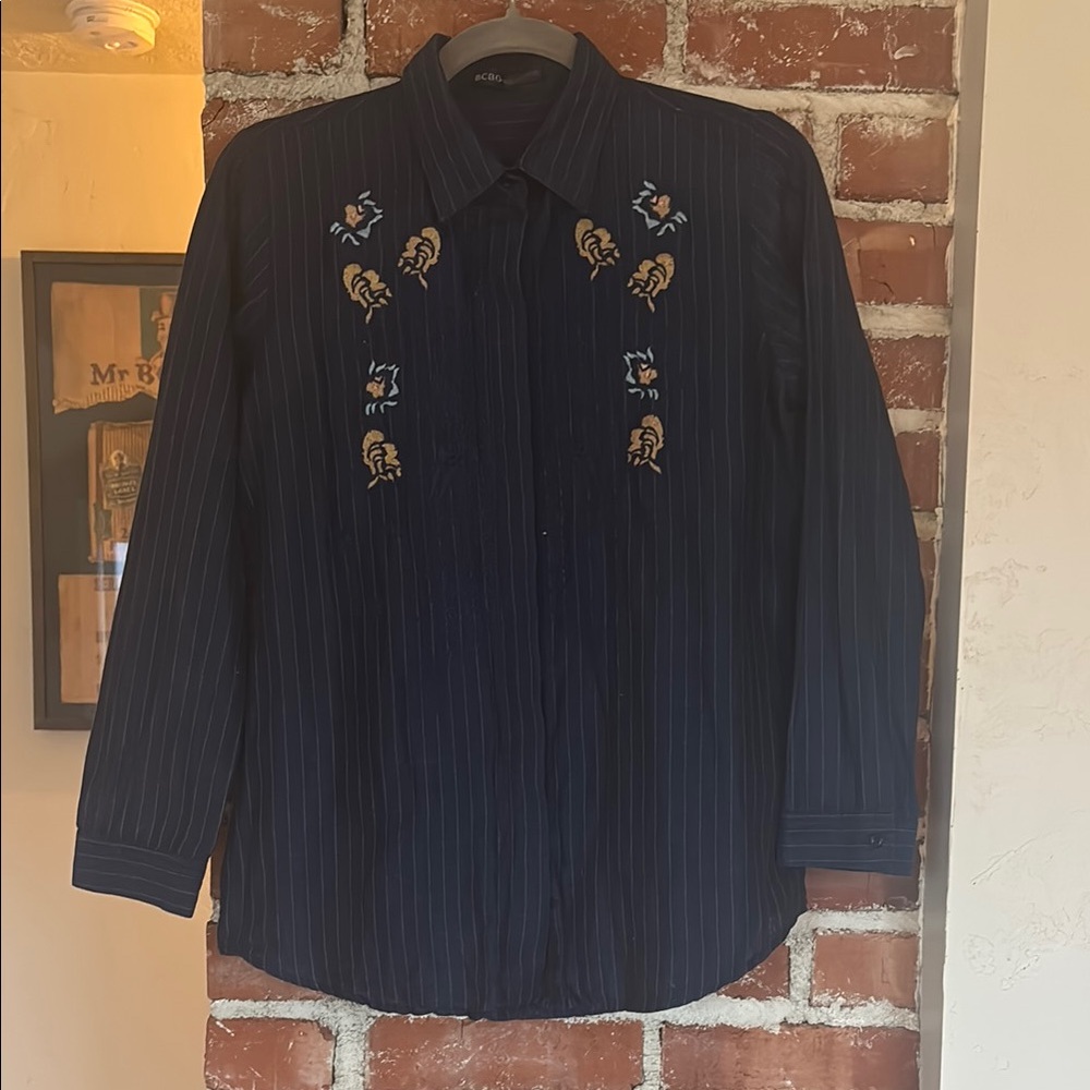 Vintage BCBG Max Azria pinstriped shirt with Embroidered flowers